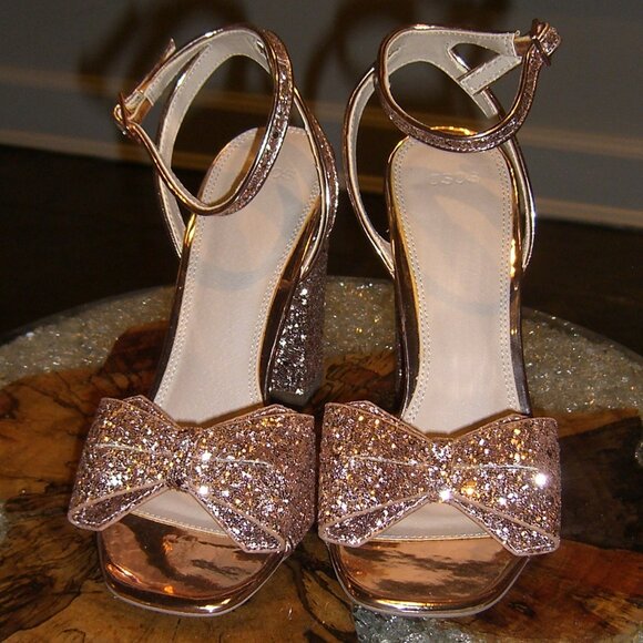 NIB ASOS HEAVEN SENT NUDE METALLIC BOW OPEN TOE HEELS SANDALS SHOES UK5 US7 - Picture 2 of 7